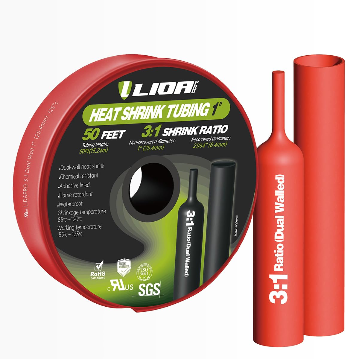 Heat Shrink Tubing 50 Feet Roll, 3:1 Ratio Adhesive Lined Marine Grade Shrink Wrap Tubing,Industrial Heat Shrink Tube Electrical 1in Red