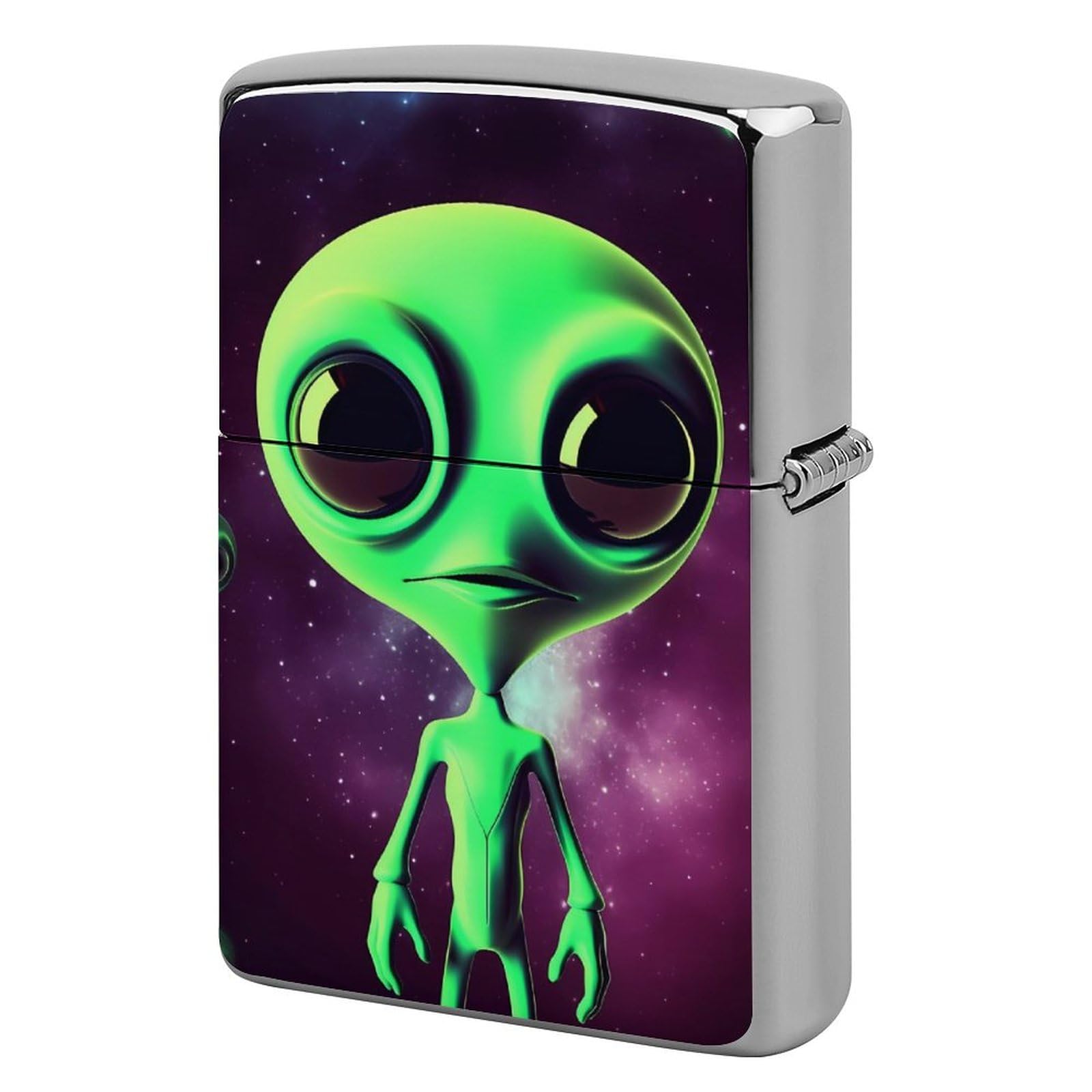 Green Alien Metal Lighter Case Windproof Vintage Lighters Holder Reusable Cool Cigarette Lighter Cover for Men Personalized Pocket Flip Lighters Sleeve Double Sided Portable Protective Sleeve