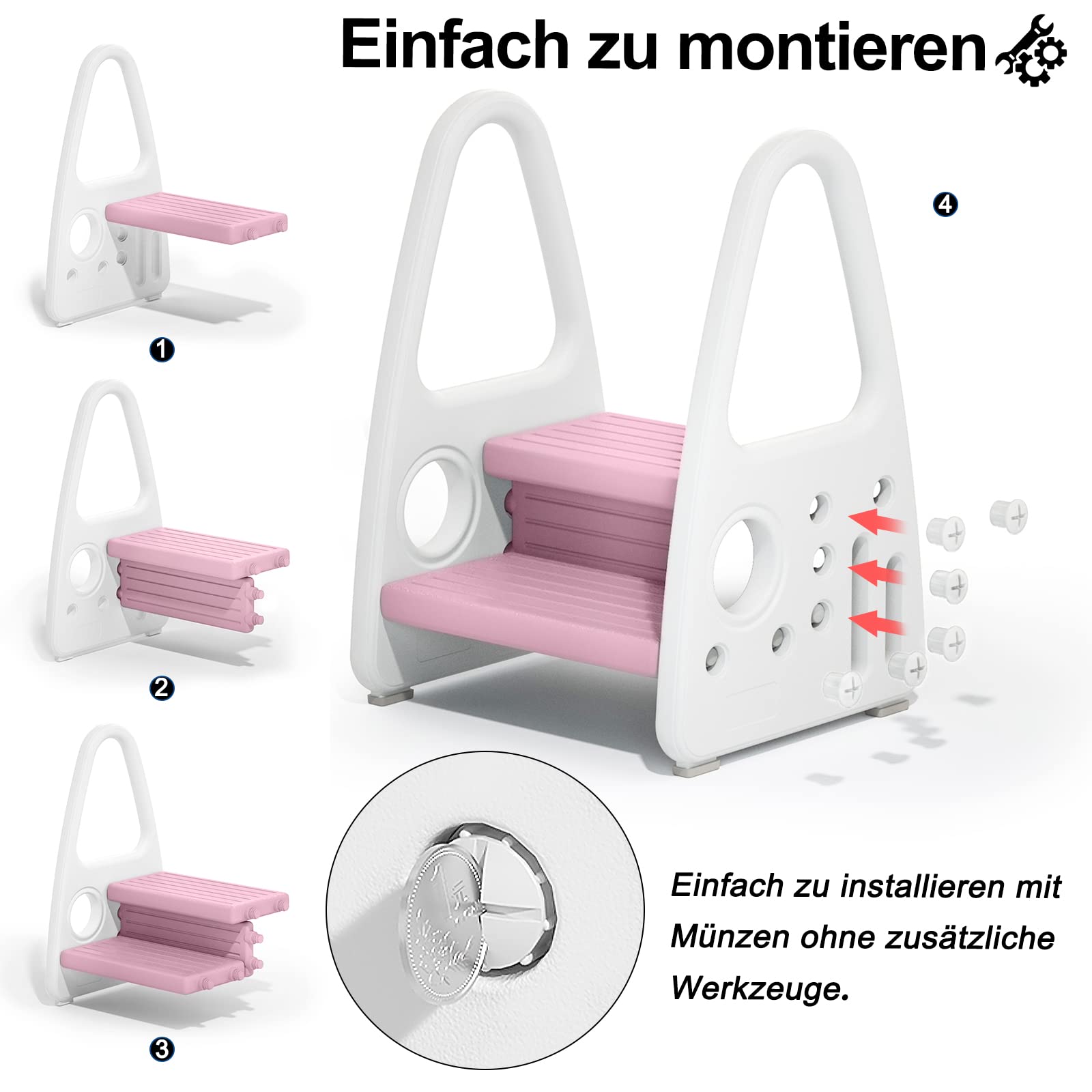 YRHome Kinder Tritthocker Trittschemel 2 stufiger Lernturm Kinderschemel Kleinkind Trittstufe Tritthocker Schemel Stehender aus Kunststoff Sicherheit Pyramiden-Struktur Küche Kinderzimmer Bad, Rosa