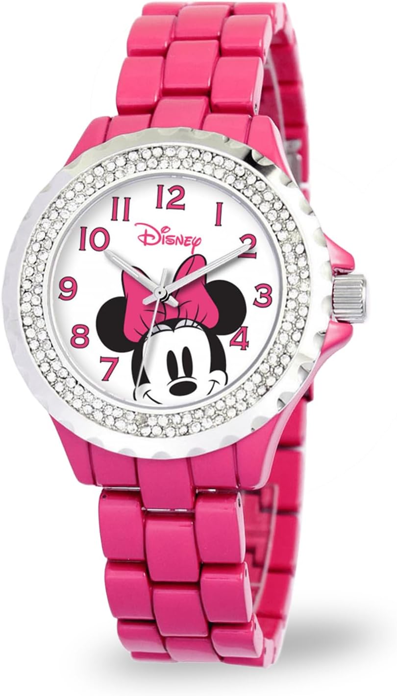 Disney Minnie Mouse Watch for Women, Classic Minnie Mouse Design – Stylish Watch for Women Fans – Elegant 's Watches with Pink Stainless Steel Bracelet, Diamond Bezel