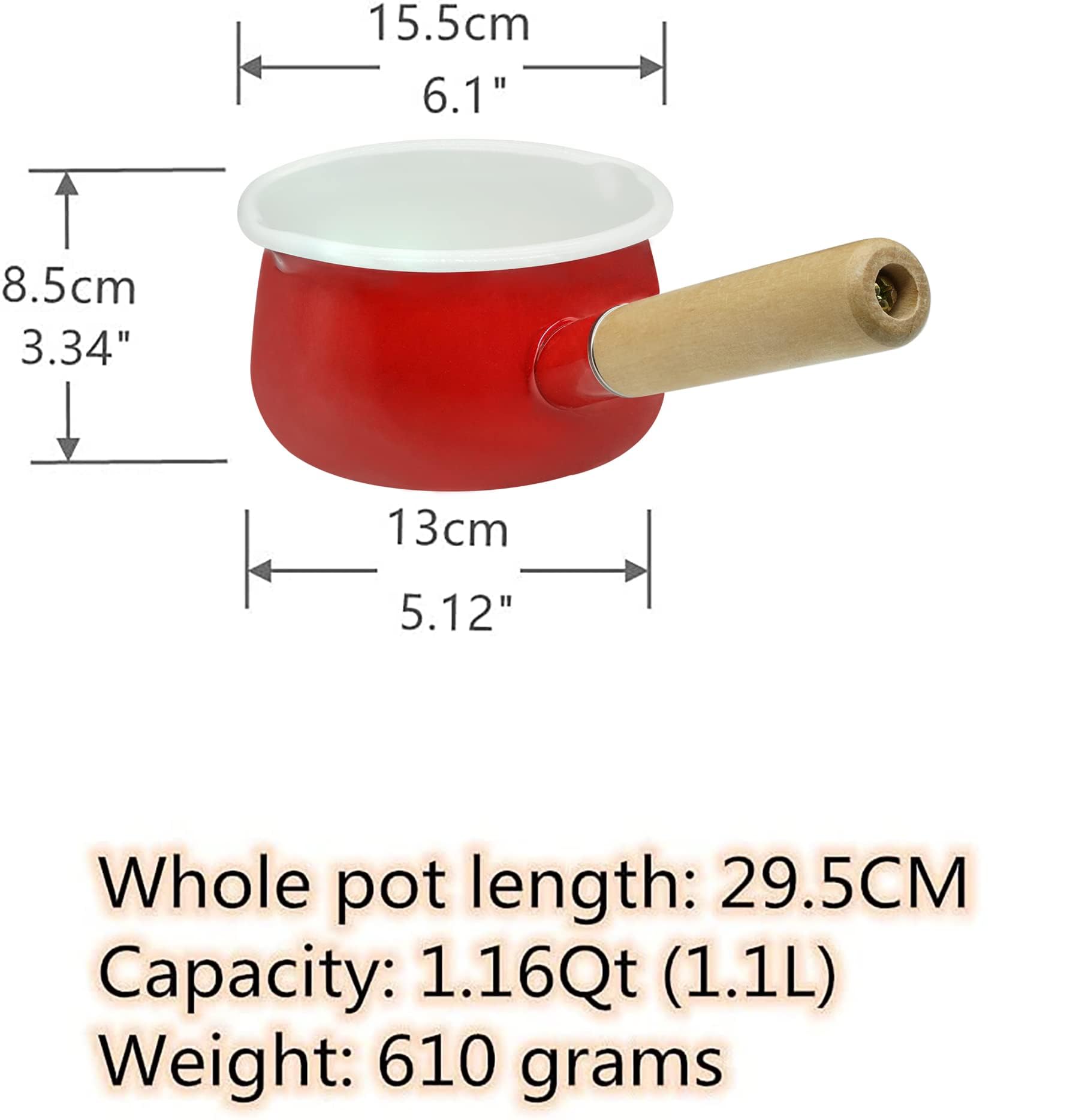 YumCute Home Emaille Melkpan met Dubbele Giettui Melkopwarmer Melkpan voor Fornuis Top Gezond Witte Geëmailleerde Binnencoating Ijzer 1QT Kleine Soeppan met Houten Handvat Handige Pot (Rood