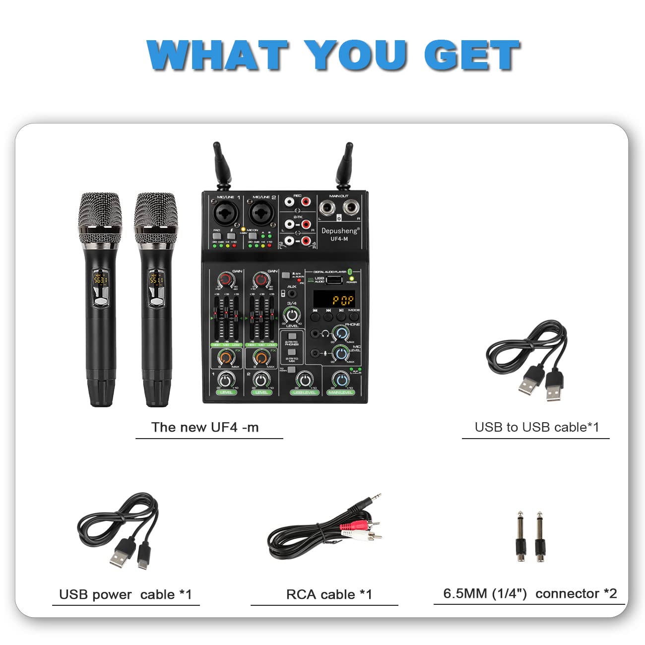 Depusheng UF4-M Consola de mezcla de DJ portátil profesional con Bluetooth de 4 canales con micrófono inalámbrico, mezcladora para grabación de estudio, karaoke y fiesta
