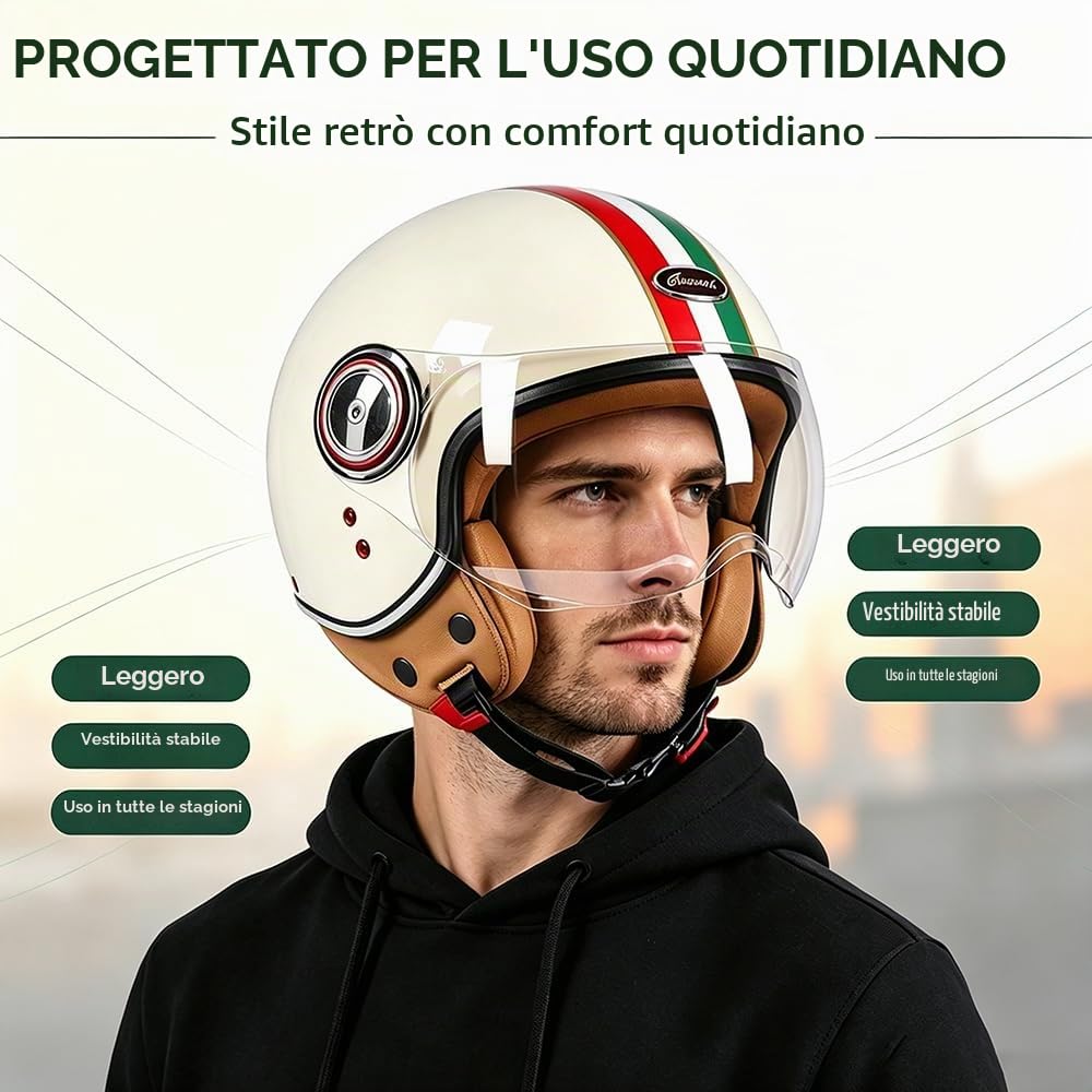 Caschi da Moto per Adulti con Visiera, Certificato ECE Copricapo Casco Aperto, Soddisfare la Sicurezza Stradale, Vintage Casco Jet, per Cruiser Scooter Touring (57~62CM)