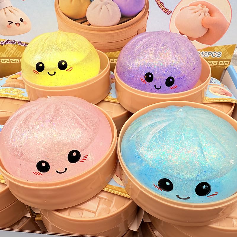 4Pcs Dumpling Squishies, Colorful Dumpling Stress Balls Fidget Toys Adults, Squeeze Dough Ball Hand Toys, Bun with Food Steamer Stretchy, for Easter Basket Stuffers