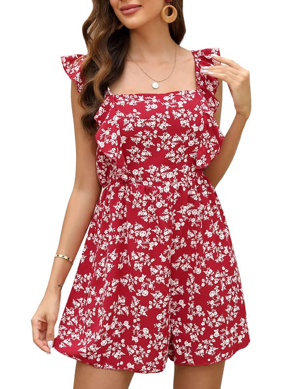 Clearlove Mono corto de verano para mujer, sexy, sin mangas, mono de una pieza con flores, elegante, espalda descubierta, mameluco