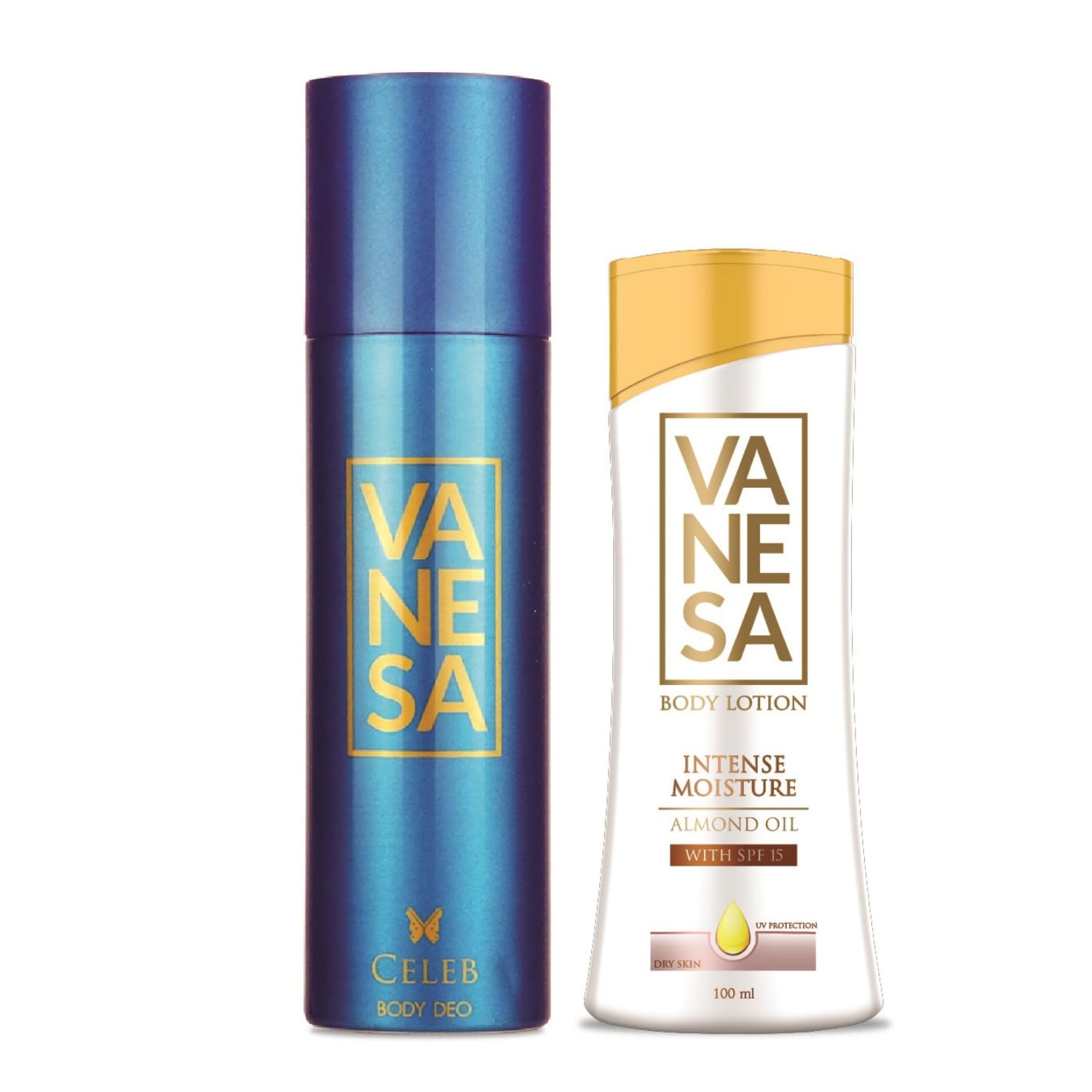 VANESA Celeb Deo - 150ML & Body Lotion With Almond Oil with SPF 15-100ML (Combo Set of 2)| Long Lasting Deodorant Spray for Women & Girls