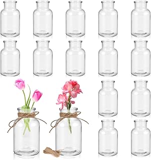 Cieex Set of 16 Small Glass Vases, 125 ml Small Väschen with 20 m Jute Cord, Mini Glass Vases Decorative Vases Set for Table Decoration, Wedding, Centrepieces, Wedding Decoration