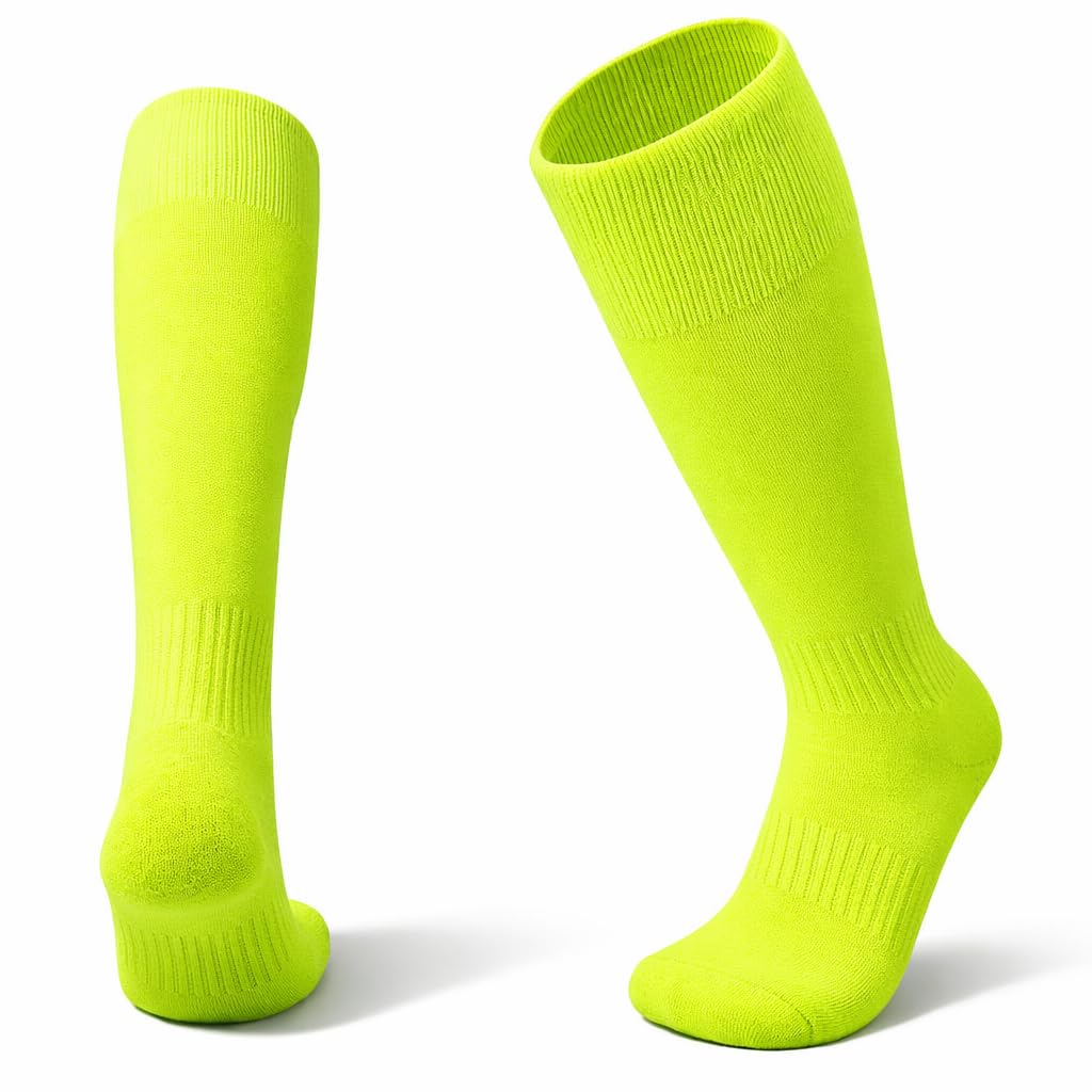 1STLY FITNESS - Socks Knee High 1 Pair Large SIZE 7-13, EU38 - EU44 Adults Soccer Football Hockey Rugby Sports Sweat Wicking Slip Proof Plain Colours (Fluro)