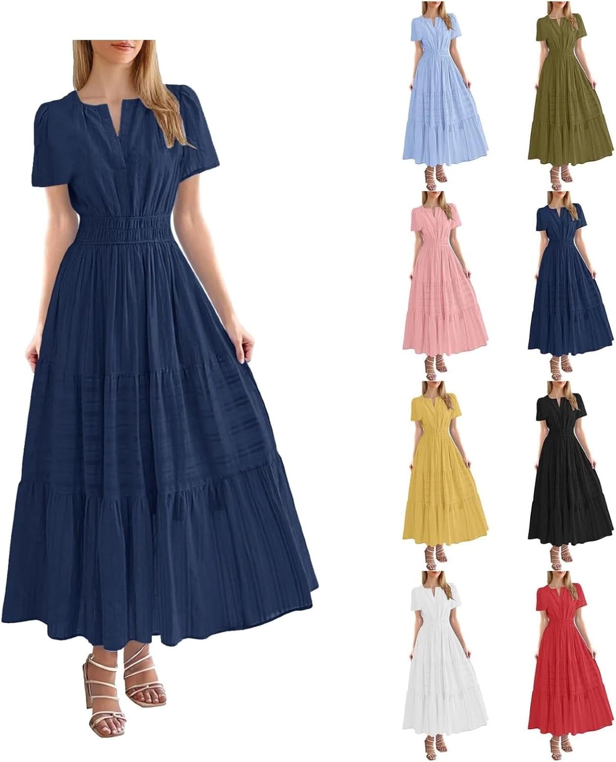 Aniywn Womens Maxi Dress Summer Casual Lightweight Short Sleeve V Neck Elastic Waisted Boho Beach Sundresses with Pockets