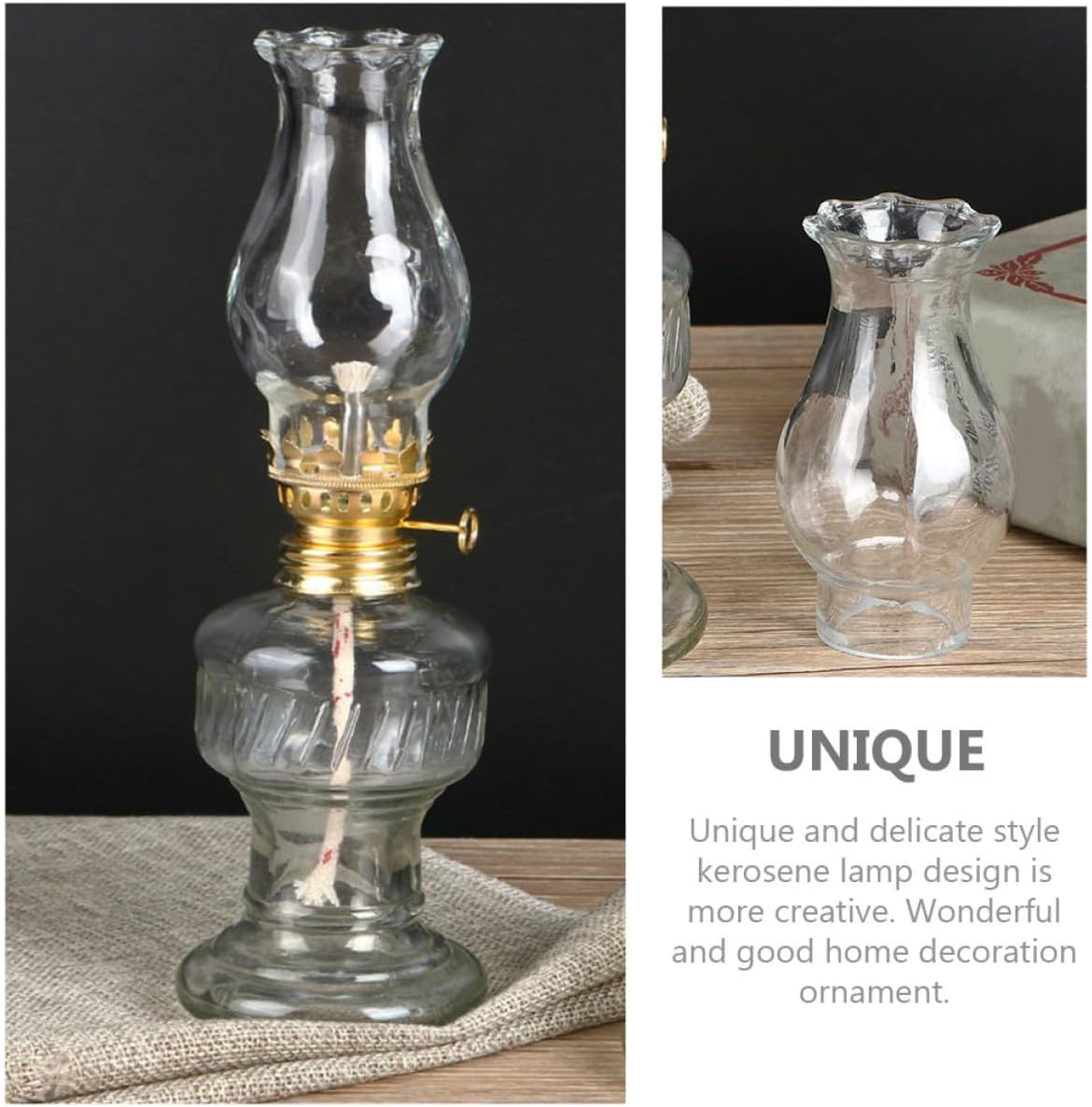 Retro Glass Kerosene Lamp Set with Small and Large Lanterns, Vintage Oil Lamps with 4 Spare Wicks, Household and Camping Emergency Lighting, Indoor Decorative Kerosene Lantern