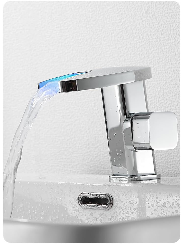 Grifo cascada inteligente para un baño moderno con luces LED cromado blanco 4