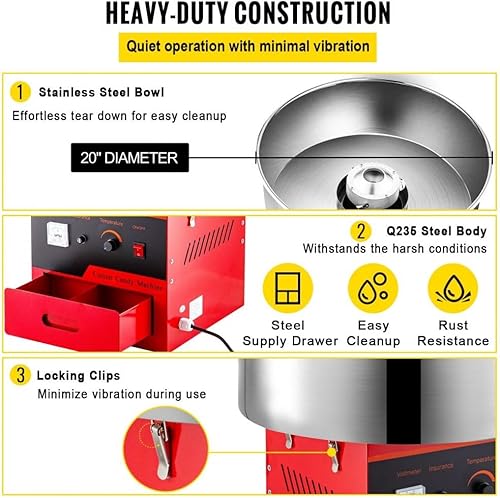 Miniatura 5 de Máquina eléctrica comercial de algodón de azúcar para familias y fiestas, 1030 W, 20.5 pulgadas, rojo