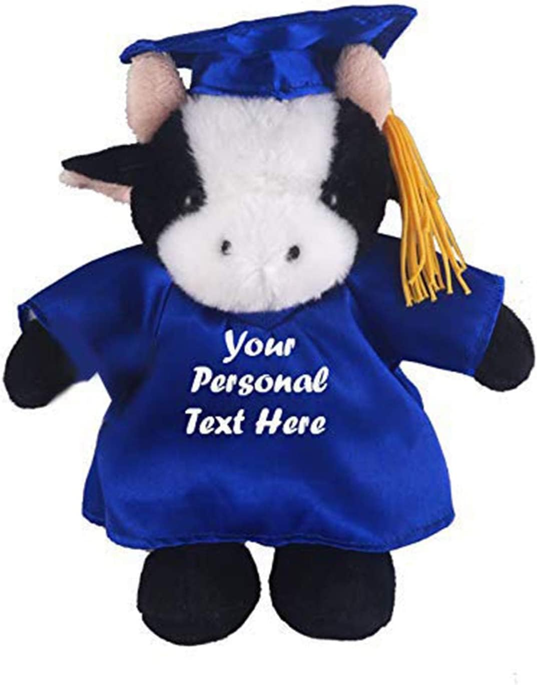 Plush Stuffed Animal Toys 12 Inches Present Gifts for Graduation Day, Personalized Text, Name or Your School Logo on Gown, Best for Any Grad School Kids (Graduation Cow Blue Gown)