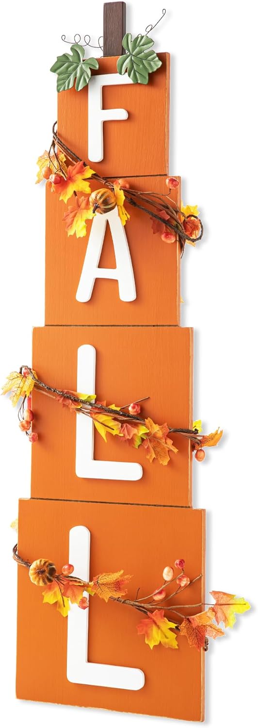 Glitzhome Fall Welcome Wooden Pumpkin Porch Sign Hanging Wall Decor