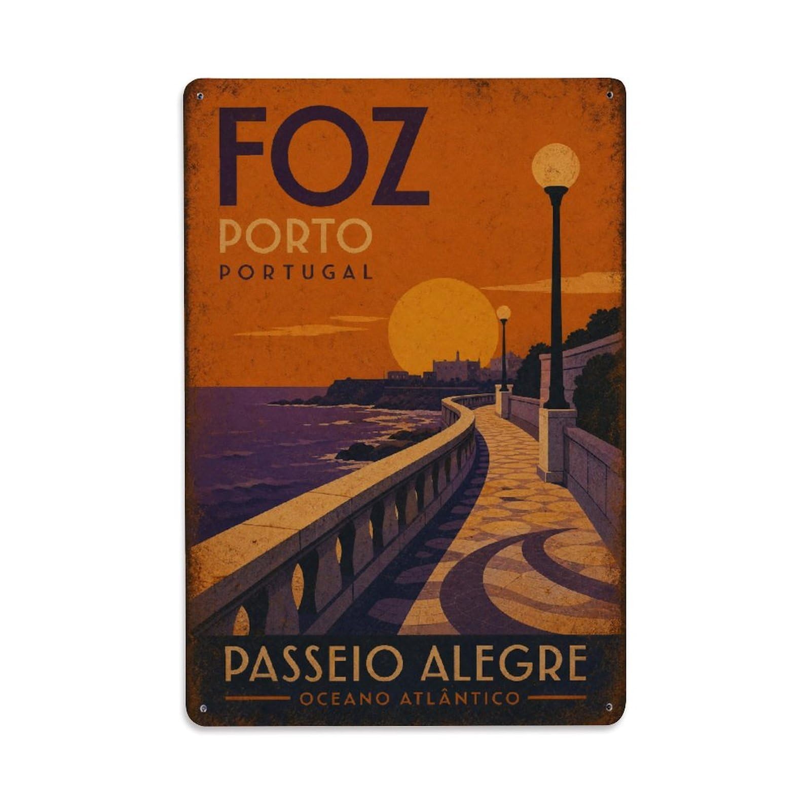 Huiyhb 8X12inch(20X30cm) Vintage Travel Foz Promenade Sunset Ocean View Portugal Metal Tin Sign
