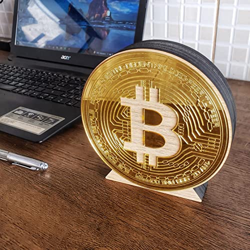 Símbolo 3d Bitcoin - Letreiro De Mesa 16 Cm Criptomoeda (Fundo Carvalho)