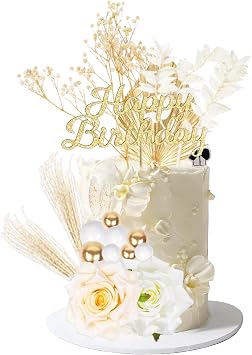 25Pcs Flower Cake Decorations, Happy Birthday Cake Toppers and Cake Balls Dried Flower Gold Cake Decorations for Birthday, Wedding Decorations