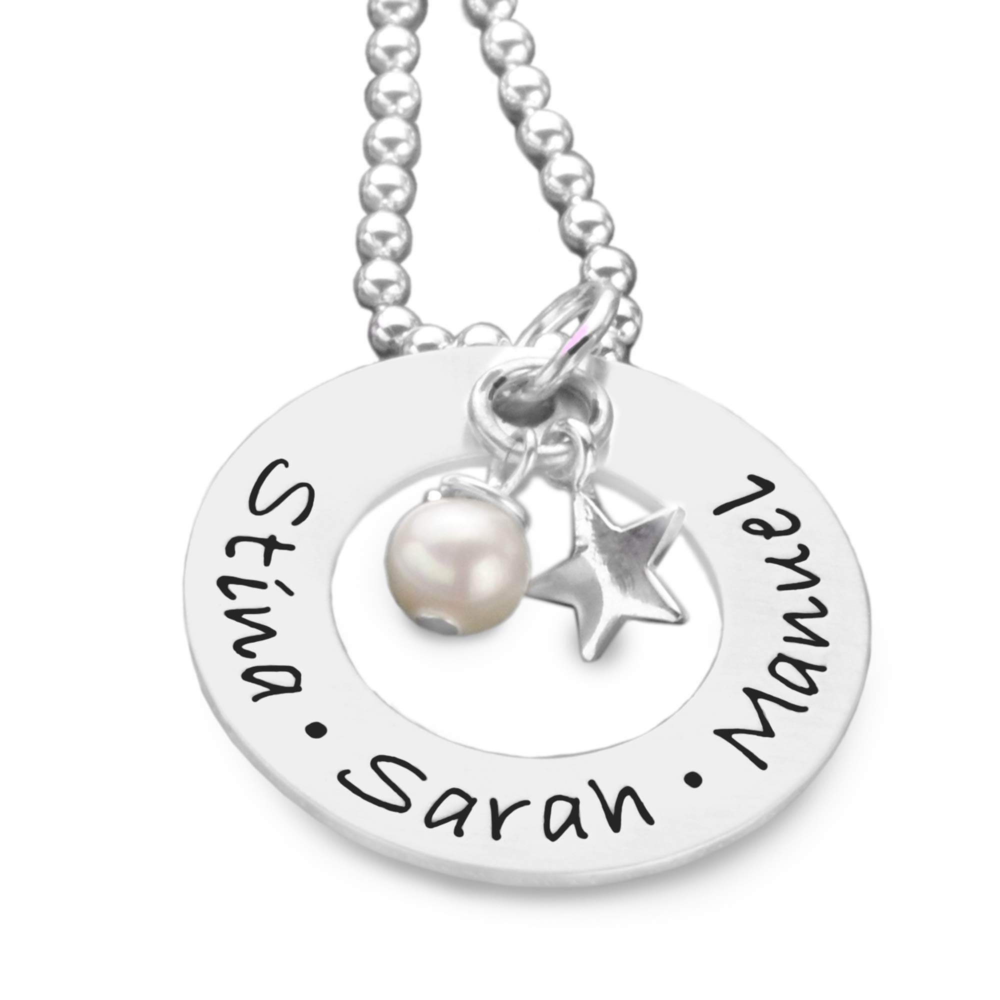 Namenskette personalisiert Familienkette 3 4 5 Kindernamen STAR & PEARL 925 Silber Kette Gravur Familienschmuck Stern Perle
