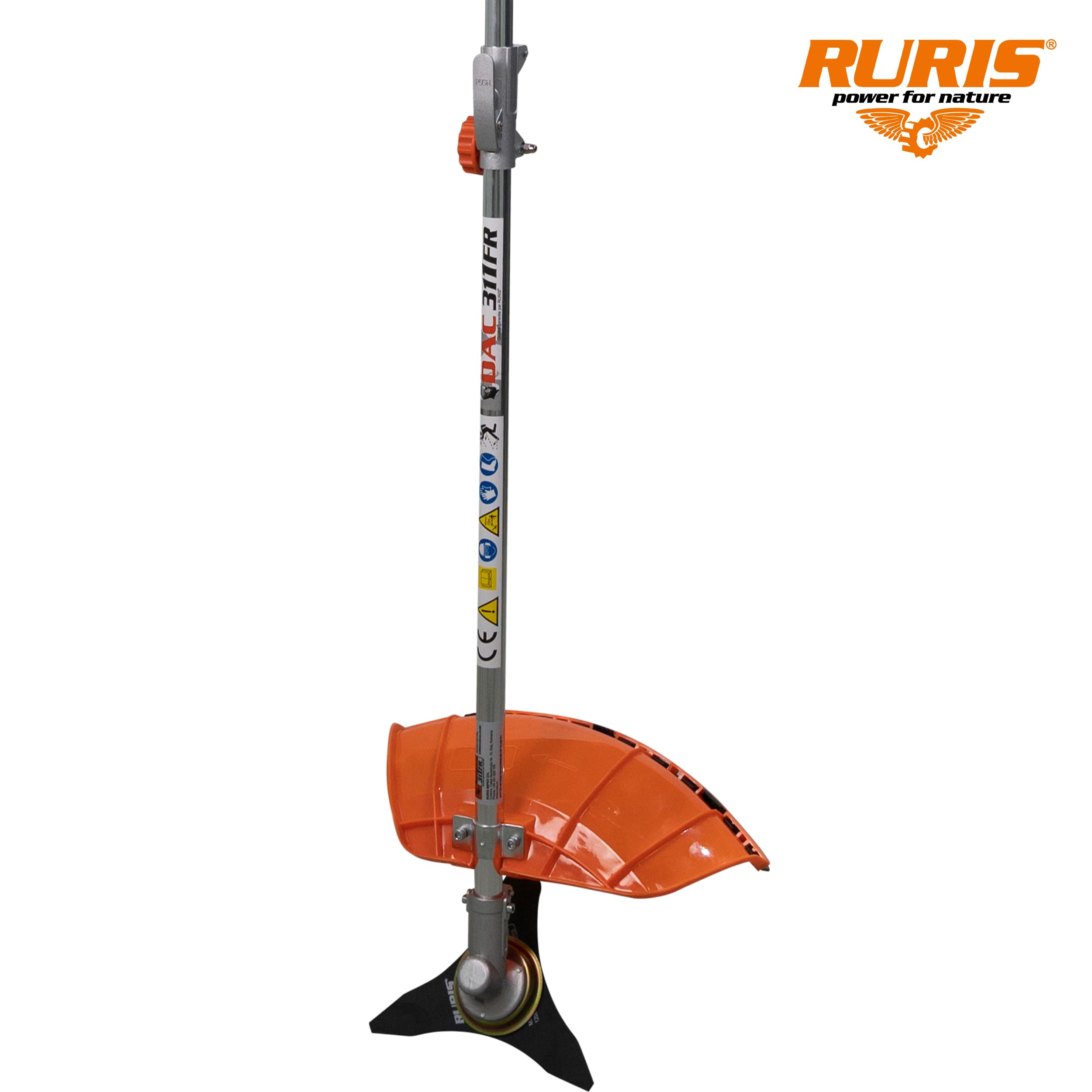 RURIS Termiczna kosiarka spalinowa DAC 311fr TEZ 52 cm³, 3 KM, 2-suwowa, szerokość 250 mm, zestaw w zestawie z uprzężą, 2 x tarczą, głowicą i drutem tnącym - do ogrodu i krawędzi