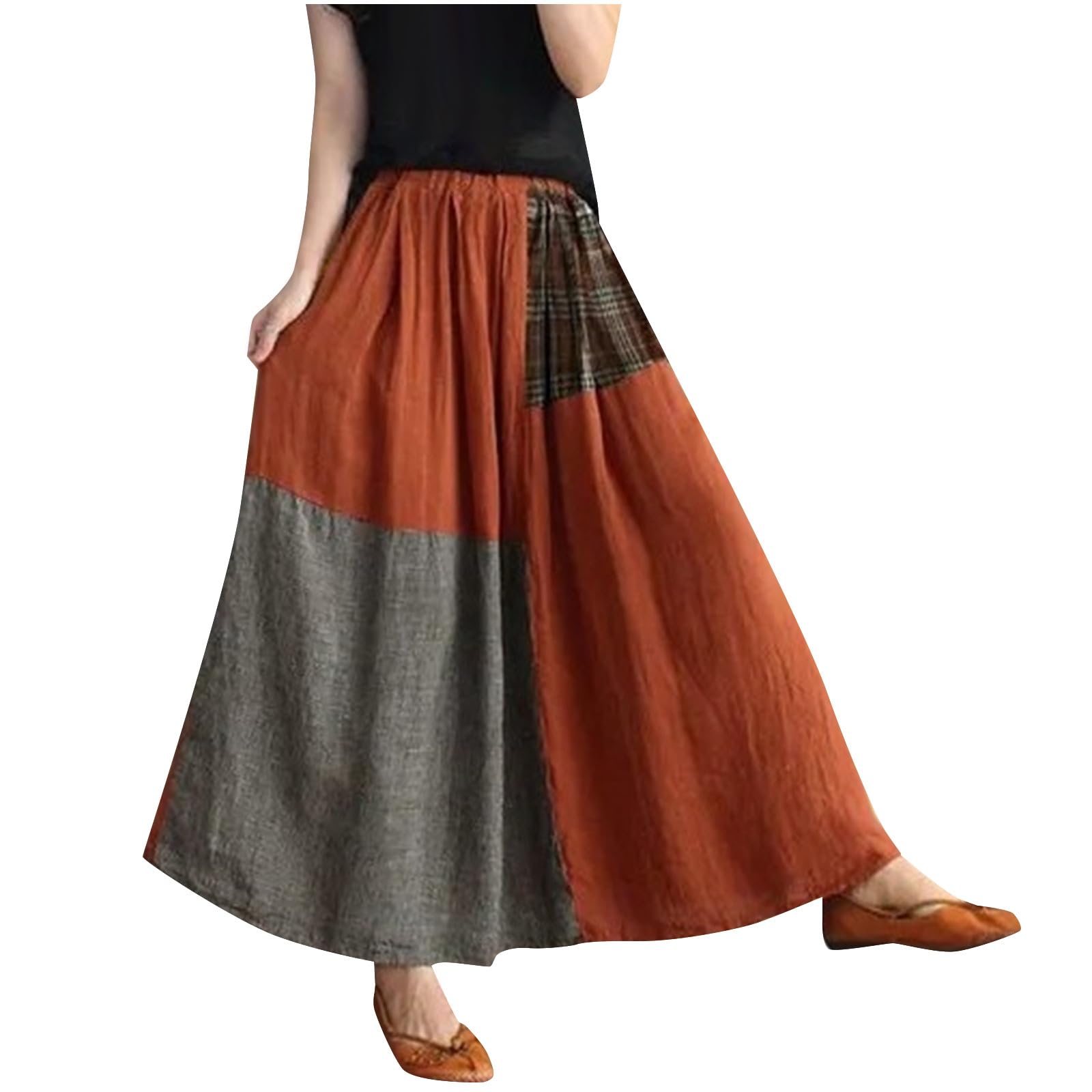 Womens Cotton Linen Midi Skirt with Pockets Casual Flowy Patchwork Elastic High Waist A-Line Long Boho Skirts