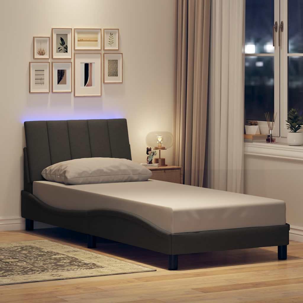 Hanko rama łóżka, ciemnoszara, 90 x 200 cm, obicie materiałowe, z poduszką pod głowę, oświetlenie LED, stabilne nogi podporowe, nowoczesne wzornictwo, meble do sypialni