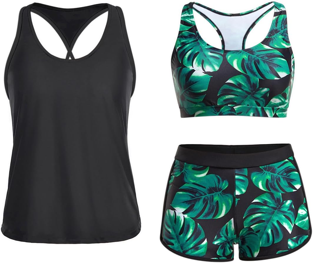 Yonique 3 Piece Athletic Tankini Swimsuits for Women with Shorts Swim Tank Tops with Sports Bra and Boyshorts Bathing Suits