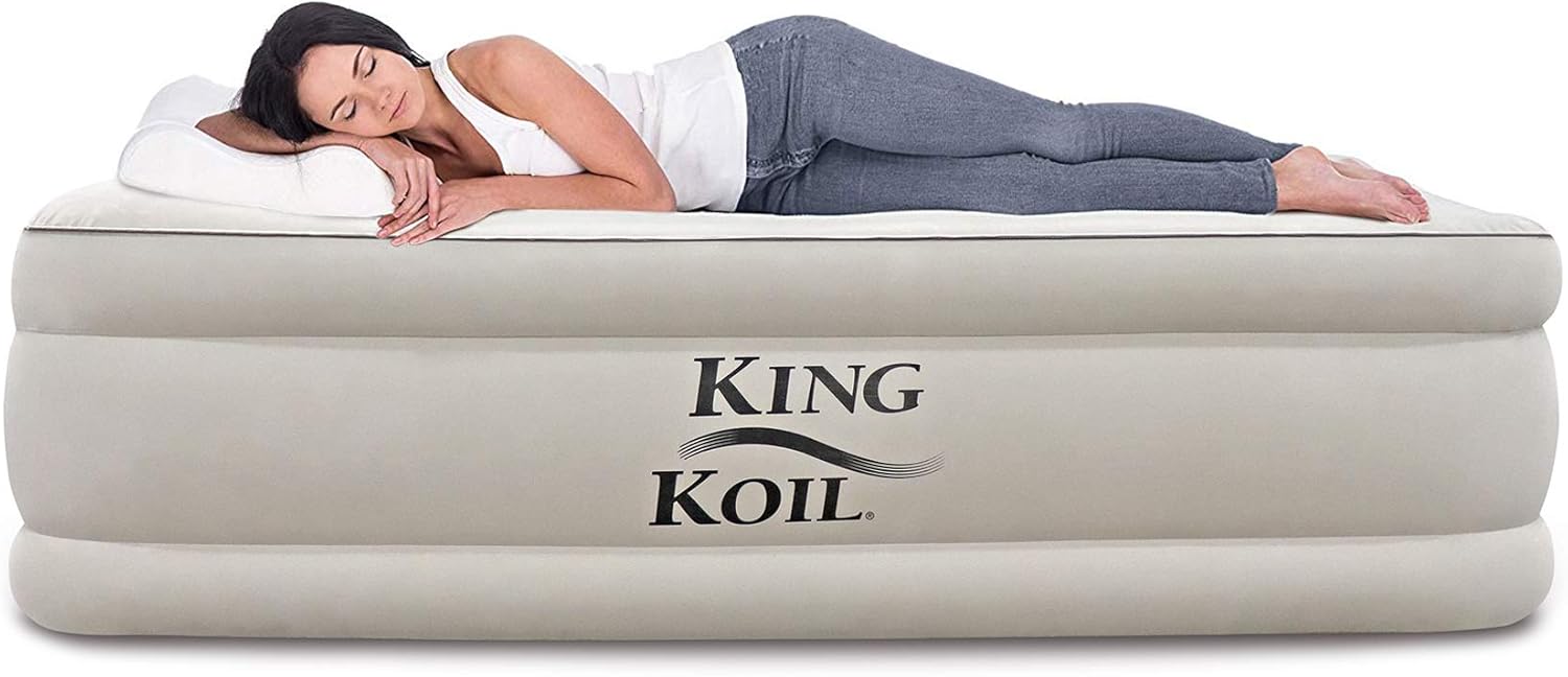 King Koil Twin Air Mattress with Built-in Pump - Double High Elevated Raised Airbed for Guests with Comfortable Top ONLY Bed with 1-Year Manufacturer Guarantee Included : Sports & Outdoors