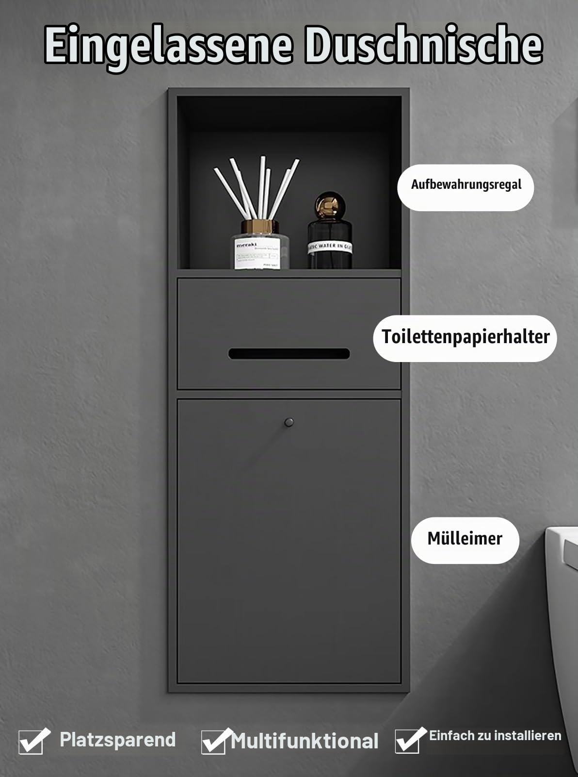 Toilettenpapierhalter Unterputz Wandnische mit Ablagefach, Mülleimer, Toilettenpapierhalter, Platzsparend, Badnische mit Schrank für Taschentücher, Papierrollen und Telefon(Black)