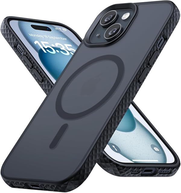 Lamicall Case for iPhone 15 for MagSafe, [Anti-Slip Edge] [Translucent Back] Magnetic Phone Case for iPhone 15, Military Grade Shockproof Bumper, Drop-Proof Airbag, Protective Hard Cover 6.1 - Black