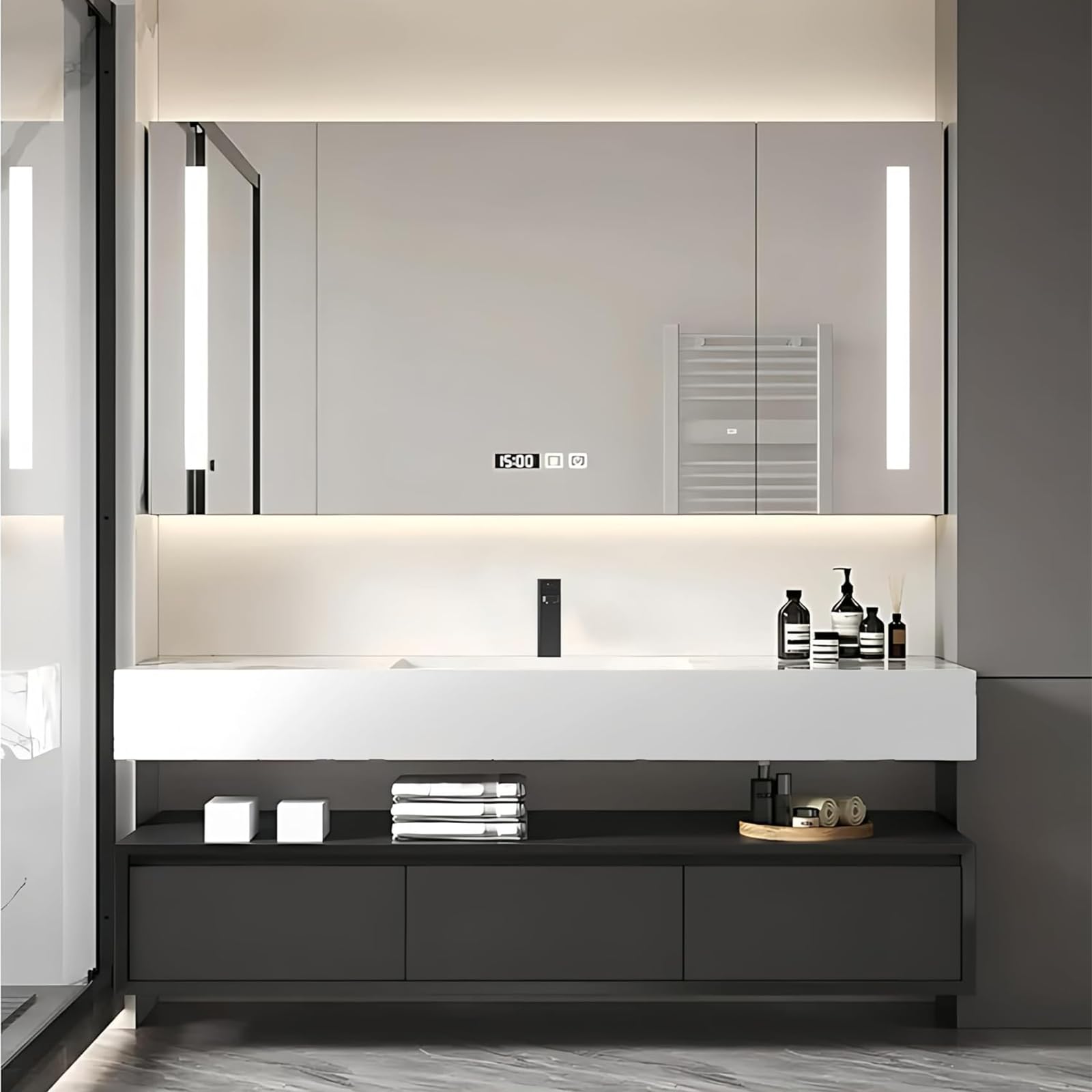 Modern Bathroom Vanity, Single Sink Bathroom Vanity, Floating Vanity Cabinet with Ample Storage, Wall-Mount Bath Vanity Set with Anti-Fog Mirror