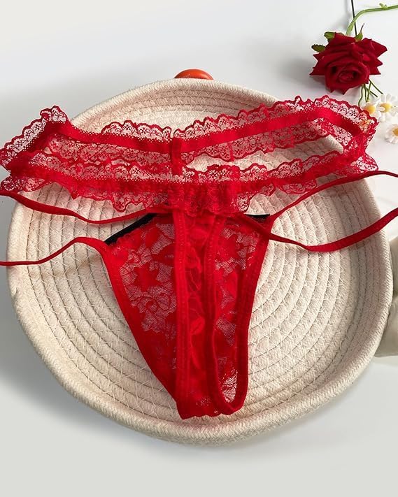 Men's Lace Frilly Sissy Panties Pouch Thong, Feminine G string Underwear For Men Sexy Gay Lingerie Crossdresser Pink - Image 8