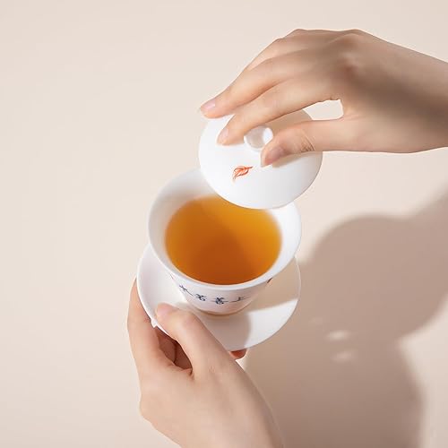 Miniatura 4 de SILINE Juego de Gaiwan de porcelana blanca de jade hielo,delgadosin esmaltartranslúcidopintado a mano China Gongfu Tea Cup Set -ShangShanRuoshui