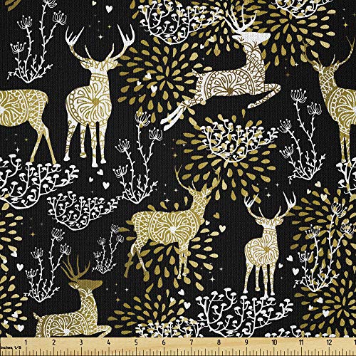 ABAKUHAUS Noël Tissu au Mètre, cerf Oriental, Tissu en Microfibre Décoratif pour Textiles d’Art et d’Artisanat, 1M (230x100cm), Jaune Blanc Noir