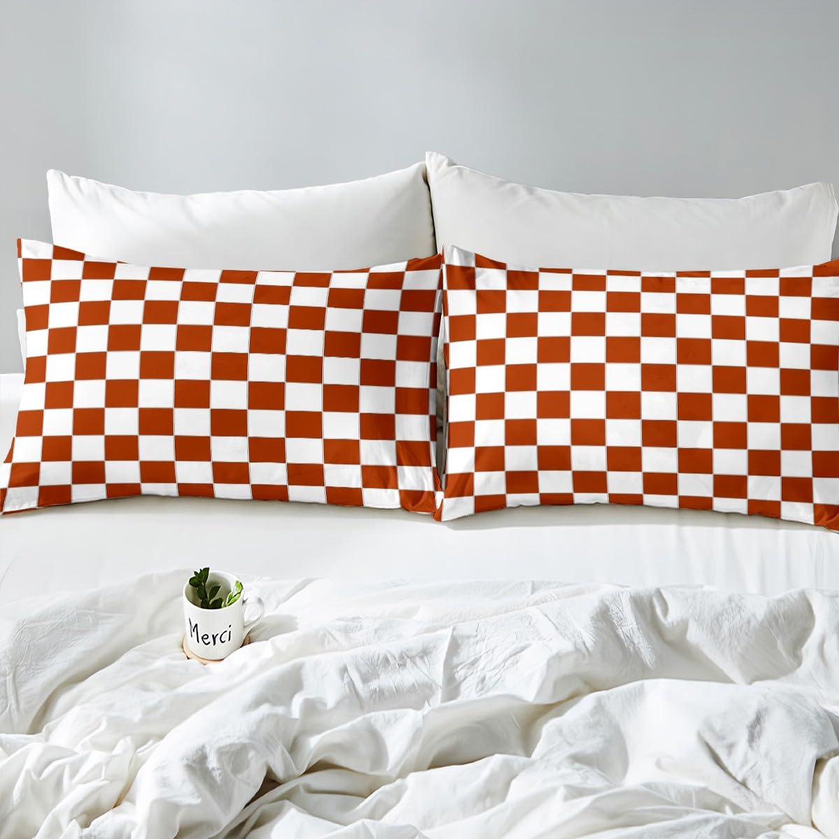 White Rust Red Checkered Bedding Set Buffalo Plaid Grid Comforter Cover Single,Checkerboard Duvet Cover For Kids Adults Men Women Aesthetics Gingham Quilt Cover Modern Room Decor - Image 4