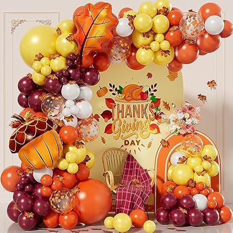 AobkDeco 189 pcs Fall Balloons Garland Arch Kit Fall Decorations Orange Burgundy White balloons for Thanksgiving Autumn Little Pumpkin Baby Shower Decorations with Fall Maple Leaves Cover