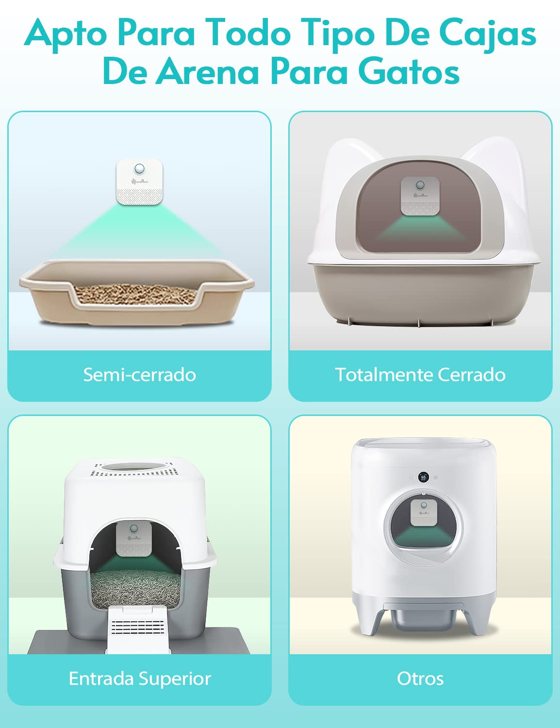 DownyPaws Desodorante para arena para gatos, eliminador de olores de mascotas sin perfume, desodorización inteligente 99% sin polvo Batería de 14 días de duración para caja de arena para gatos