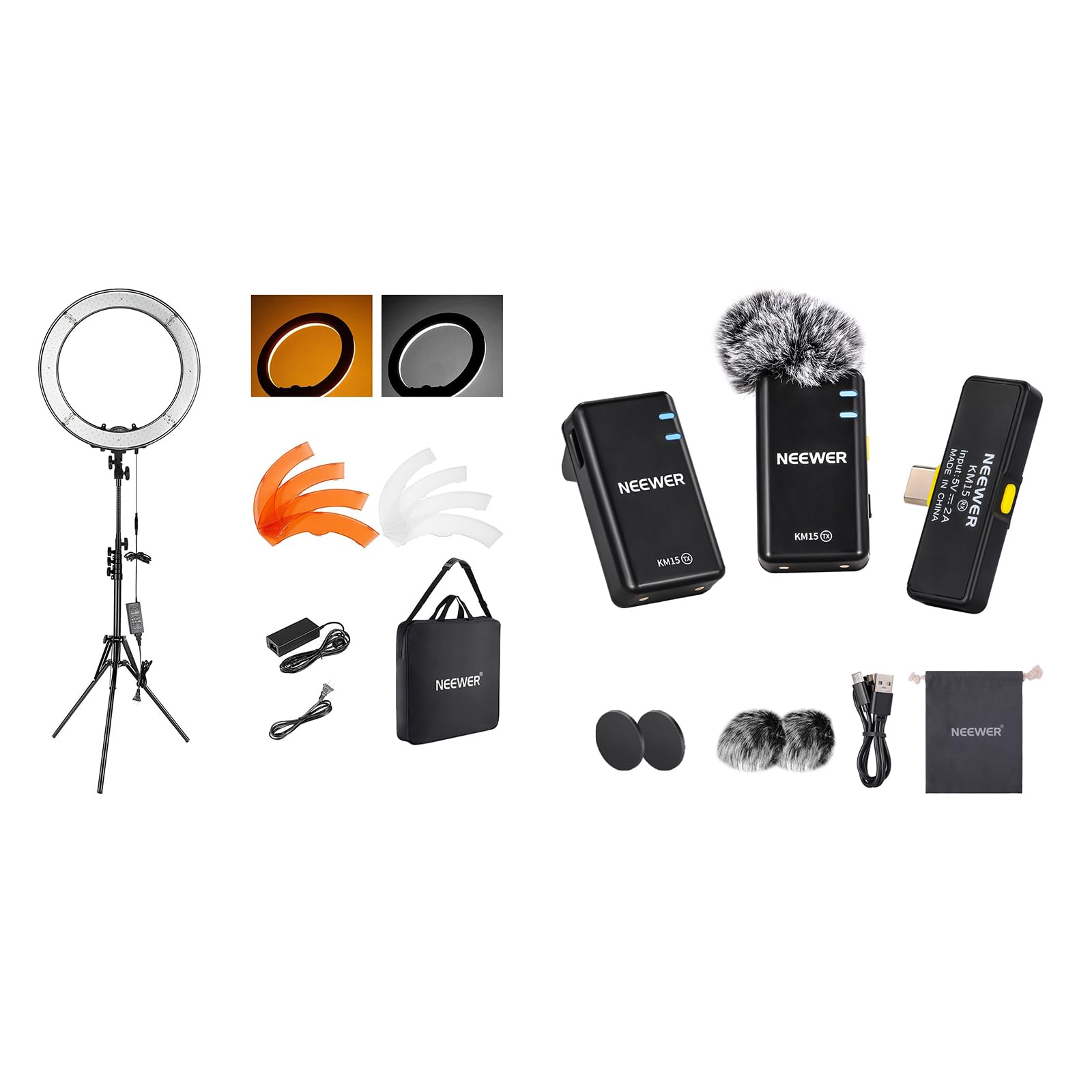 NEEWER 18" Ring Light with Stand, 55W 5600K Large LED Ringlight with Cold Shoe and Phone Holder, with KM15 Wireless Microphone Set for Phone with Type C Interface