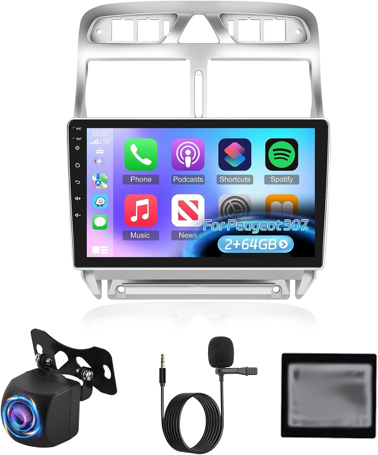 NHOPEEW 2+64G 9 Pollici Radio Android per Peugeot 307 2002-2013 - Wireless CarPlay & Android Auto, Navigazione GPS, Controllo del Volante, FM RDS, Split Screen