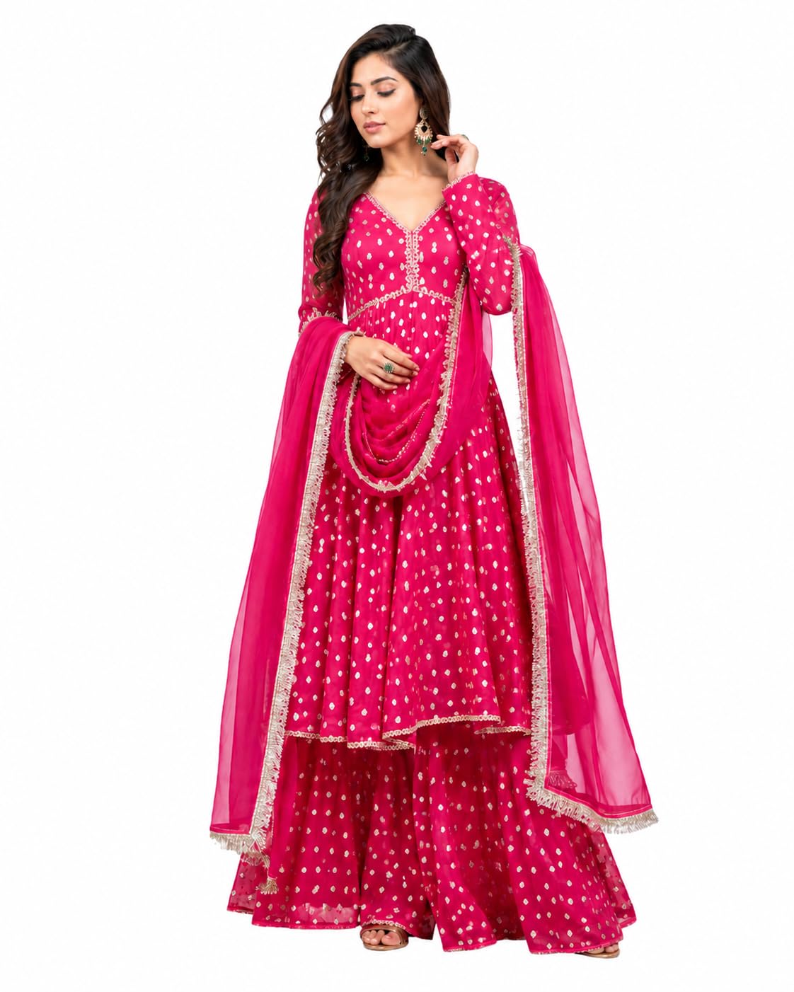 Sundartaa ™ Rani Pink Jacquard Chanderi Sharara Set - 3 Piece Festive Suit for Women-picture-50