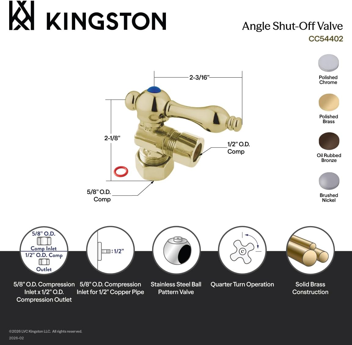 Kingston Brass CC54402 5/8" OD Comp X 1/2" OD Comp Angle Stop Valve, Polished Brass