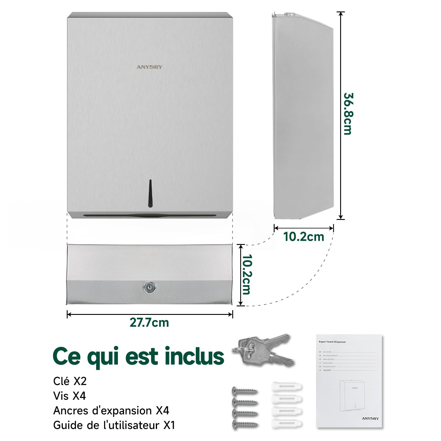 anydry Distributeur de Serviettes en Papier Commercial monté sur Mur – Capacité de 400 Feuilles, INOX Brossé, verrouillable,multifold/Z-Fold (Taille pliée ≤ 27 cm x 10 cm) Brossé