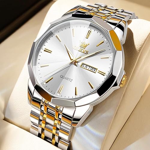 Miniatura 3 de OLEVS Watch for Men Diamond Business Dress Analog Quartz Stainless Steel Waterproof Luminous Date Two Tone Luxury Casual Wrist Watch Blue