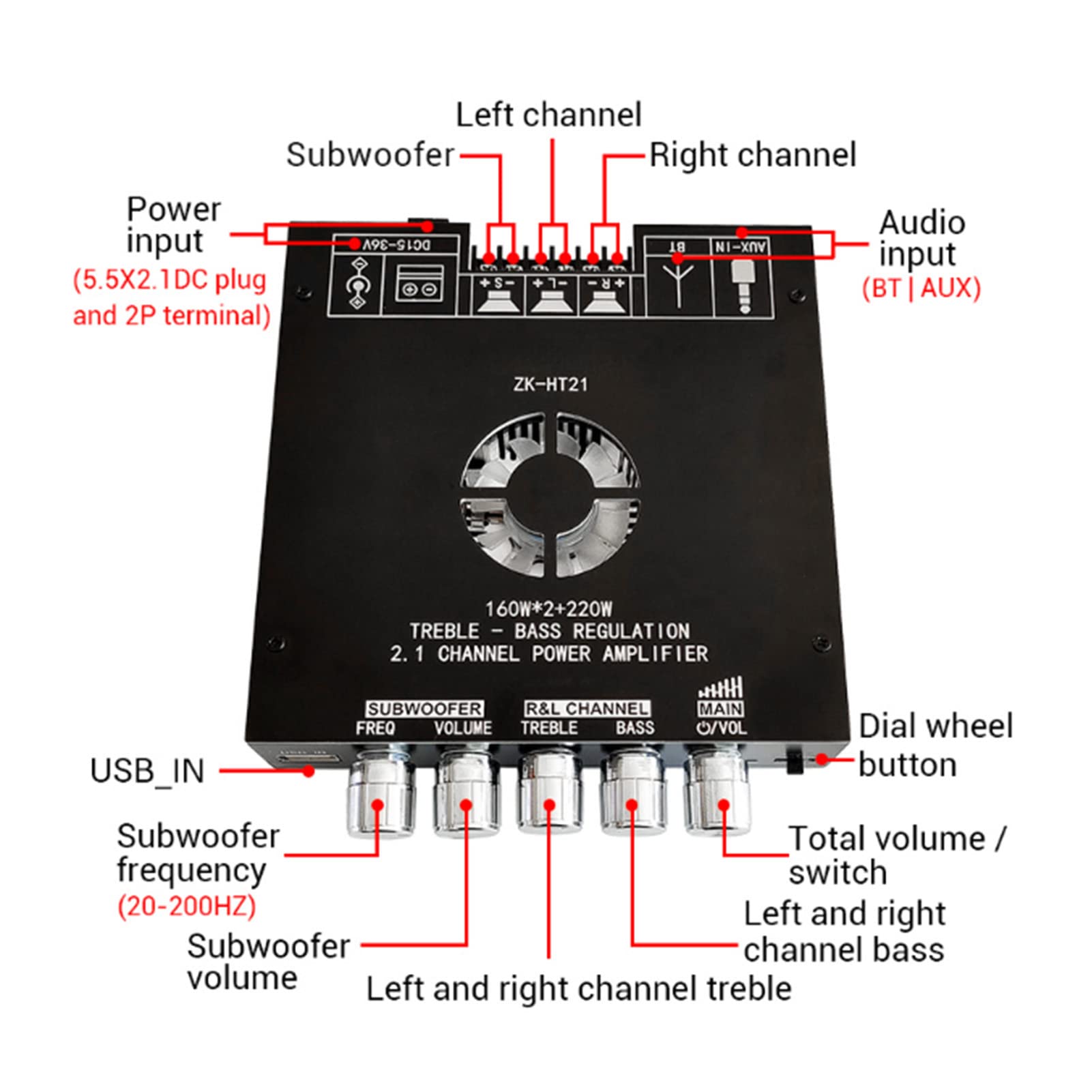Yosoo Health Gear BT 2.1 Canal Amplificador Placa, 160W+160W+220W