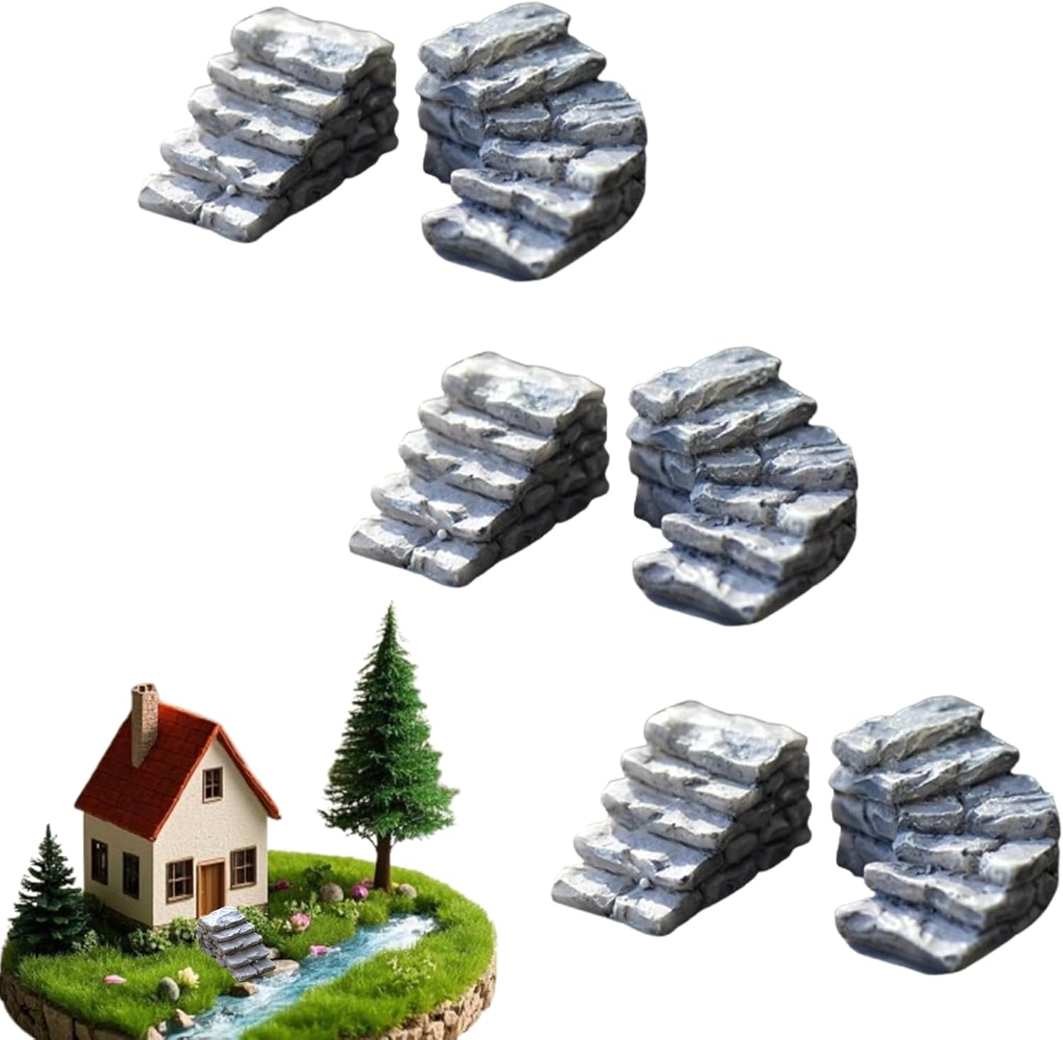 6 Pcs Stone Steps Mini Fairy Garden Accessories Exquisite Garden Stone Kit for Home DIY Outdoor Decor(3 Curved+3 Straight)