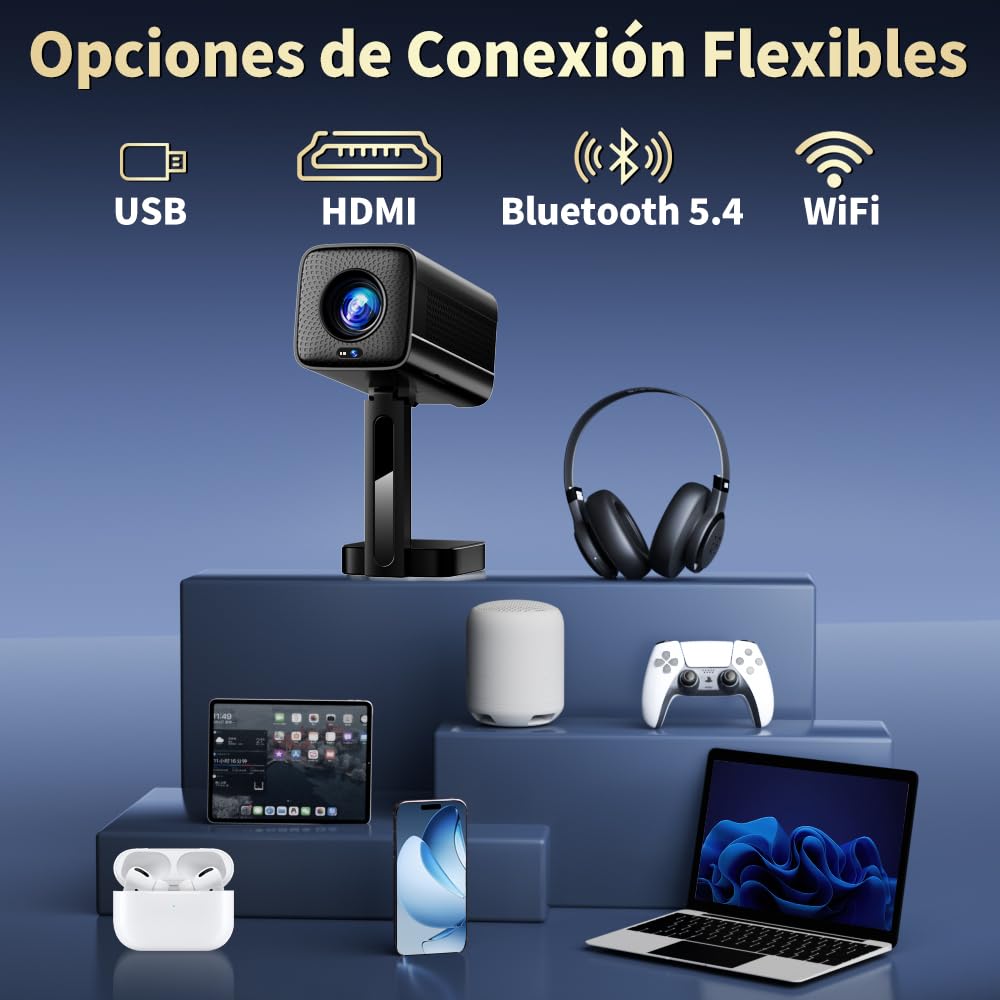 Mini Proyector 4K 1080P Full HD, 2026 Upgraded Proyector Portátil [Built-in Apps & Auto Focus] con Auto Keystone y 90° Rotable con WiFi 6 Bluetooth 5.4 con HDMI/TV Stick/USB/Laptop - Negro