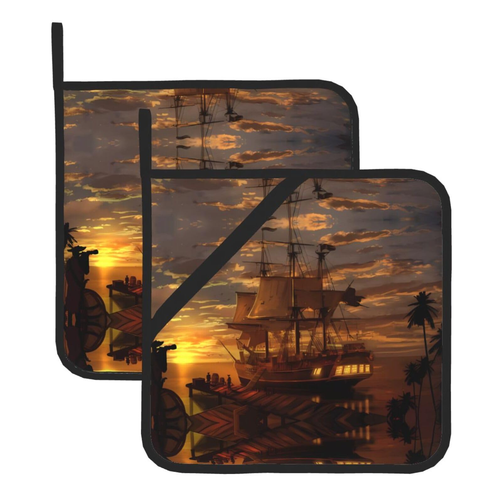 WHJDPP Boat at dusk Prints Square Hot Pads for Kitchen - Waterproof Pot Holders Set of 2, Durable Trivets with Pocket & Hanging Loop for Hot Dishes & Oven Use