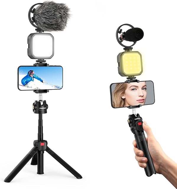 CAMOLO Vlogging Kit Smartphone Video Microphone Kit for iPhone Android LED Light Adjustable Tripod Phone Holder Bluetooth Remote Double 1/4" Screw Hole for Vlogging YouTube Tiktok Facebook Camera