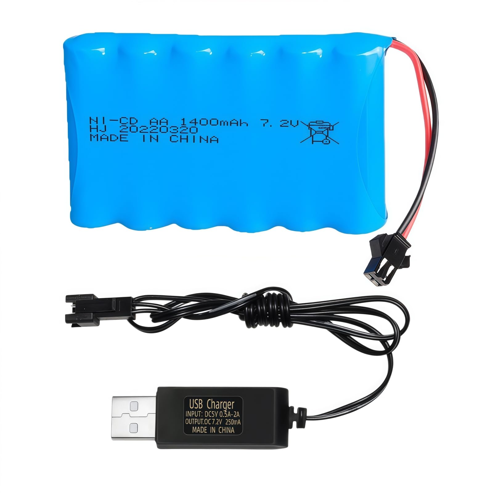 Itexkun 2 Pcs 7.2v 1400mah Ni-Cd Rechargable SM-2P Battery with 2 x USB Cable for Huina Old Version 550 1550 560 1560 570 1570 RC Excavator Construction Truck