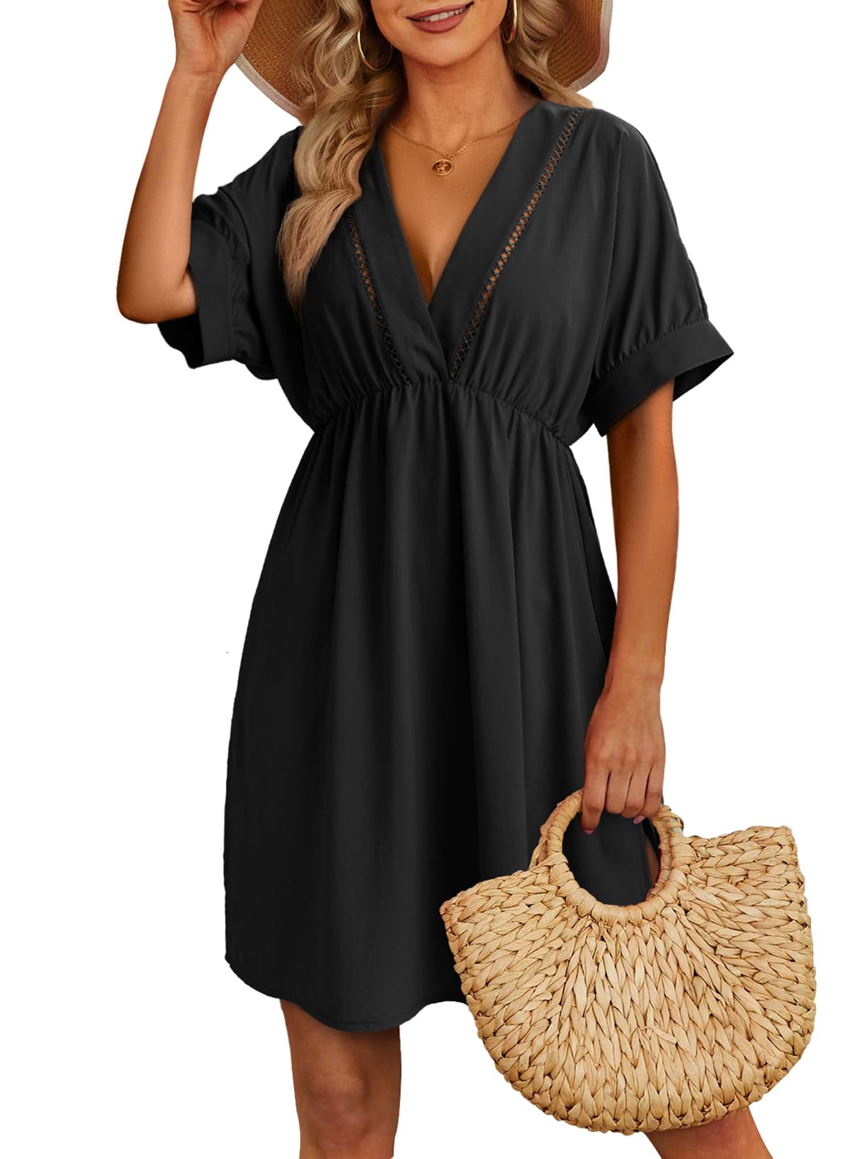 Dokotoo Swimsuit Coverup for Women Hollow Out V Neck Short Sleeve Bathing Suit Bikini Beach Cover Ups Dress