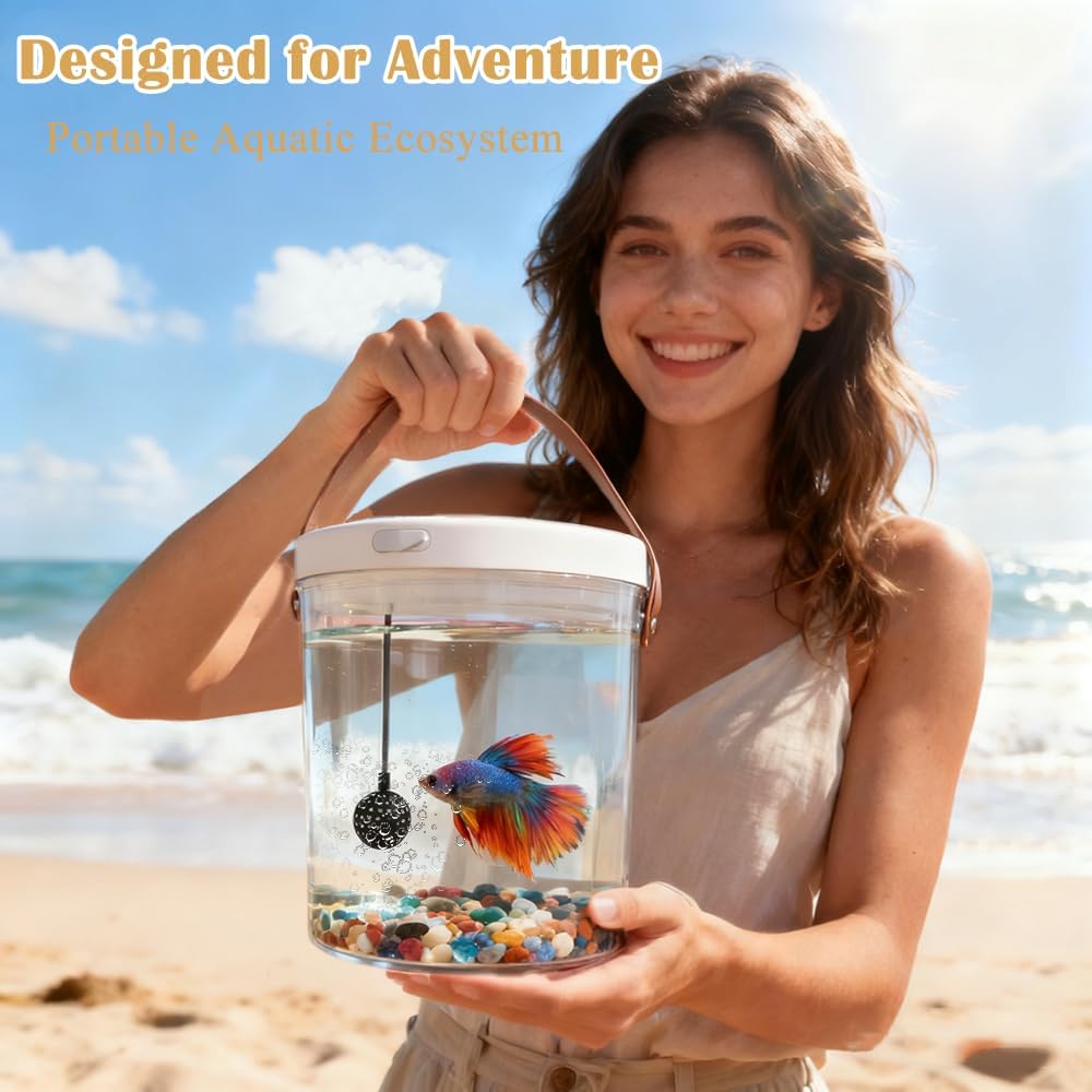 Rechargeable Portable Fish Tank with Lid, Small Plastic Desktop Aquarium Kit with 7 Color LED Light & Quiet Pump, Oxygen-Injected Fish Tank Kits, Travel Goldfish Tank Starter Kit